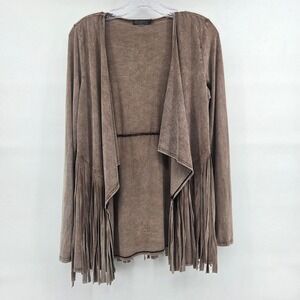 T Party Fringe Cardigan Medium Brown Mineral Wash Western Boho Eclectic Jacket